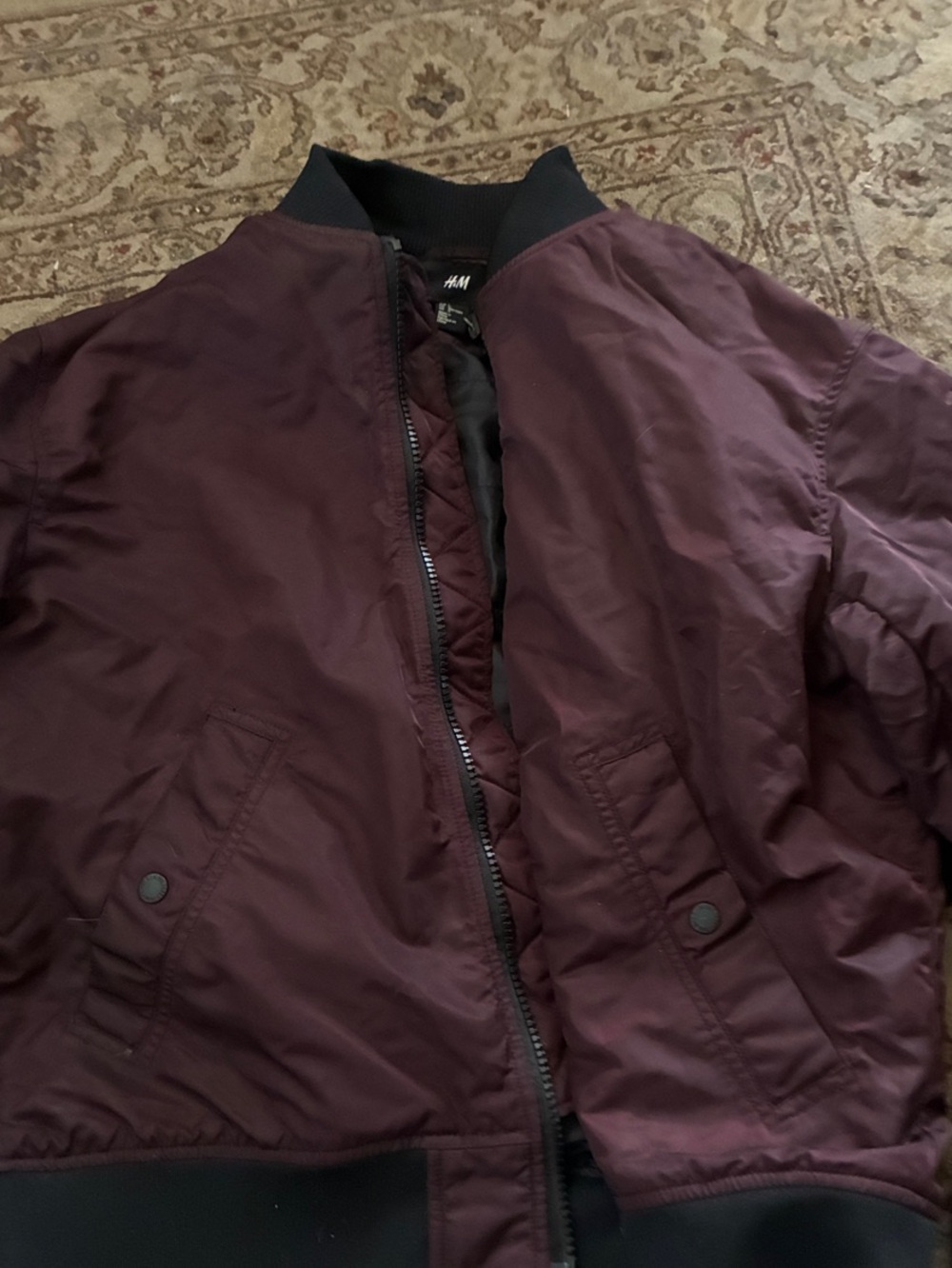 H&M Women's Maroon Bomber Jacket with Black Trim